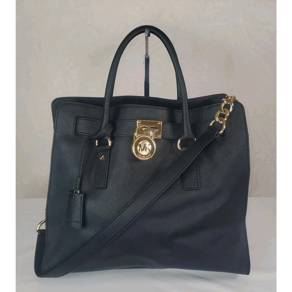 Michael Kors Hamilton Large Saffiano Leather Black Satchel Bag Gold Chain Purse - Picture 2 of 16